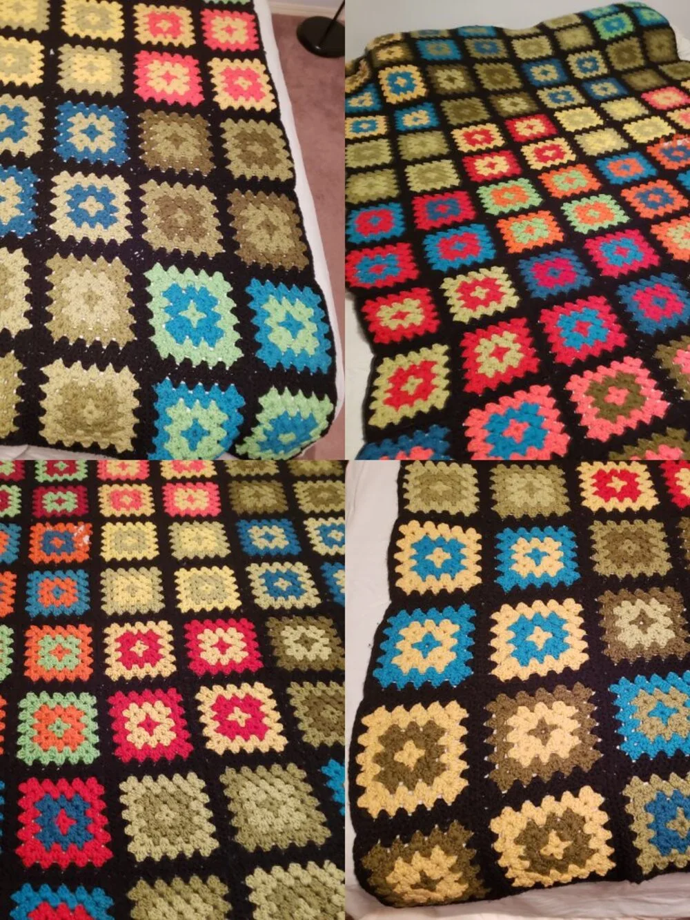 Vintage Granny Square Afghan Black Rainbow Crochet Blanket 56x90 Handmade Throw